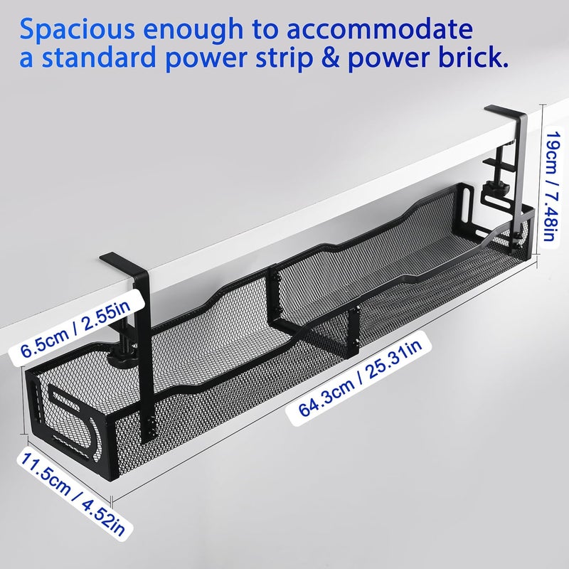 QUELIEN Under Desk Cable Management Box 25.3 Inch – Clamp-Mounted Cable Organizer Tray, Large Cord Management Box for Office & Home, Wire Organizer Under Desk Storage, Black - Image 4